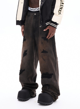 秋季新款潮牌宽松直筒黑色水洗假破洞牛仔裤男士