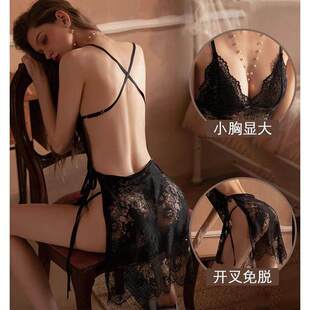 露背加大码透明睡裙女胖女孩情调睡衣高级感吊带裙蕾丝性感旗袍