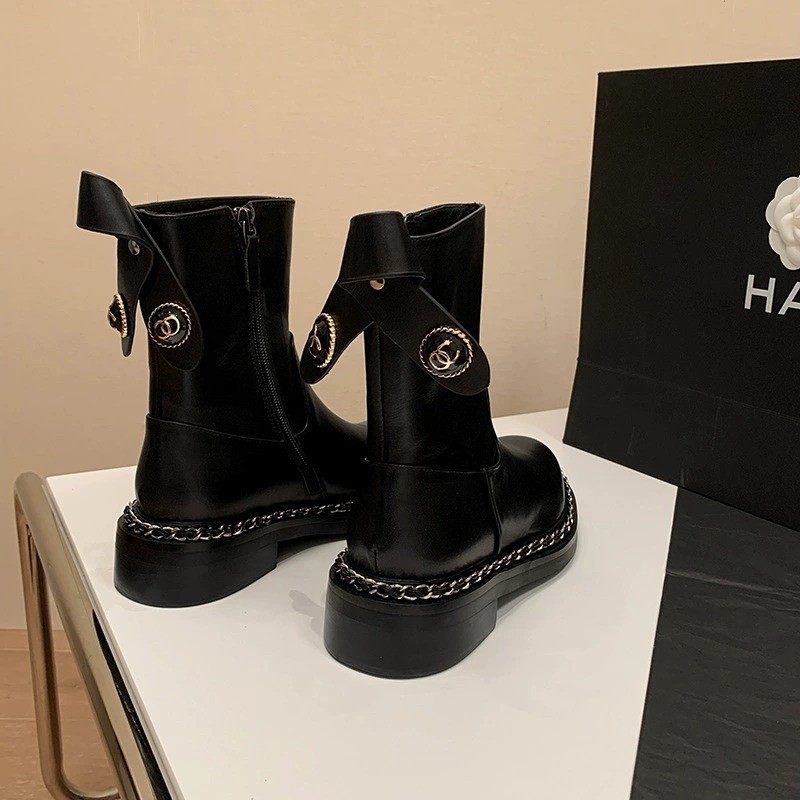 牛皮版~小香风链条马丁靴切尔西短靴女中高筒2025新款粗跟长靴女,女鞋,马丁靴,淘宝优惠券,粉丝福利购,淘宝优惠卷