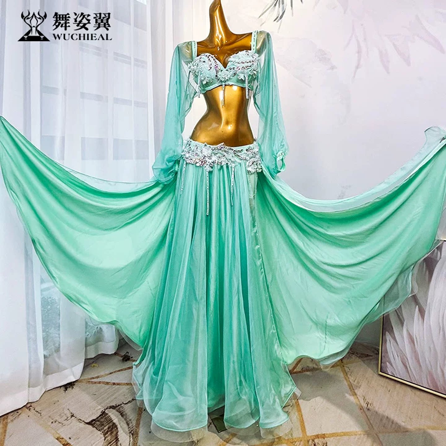 薄荷绿重工烫钻真丝缎肚皮舞表演服东方舞文胸大摆裙套装舞台演出