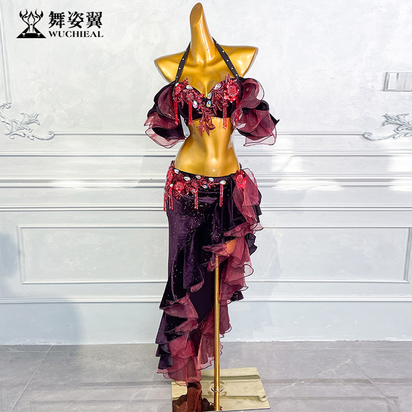 酱红重工珠绣流苏烫钻肚皮舞表演服装女2026新款东方舞舞台演出服