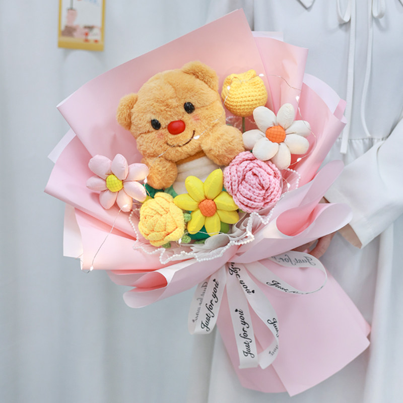创意黄油小熊公仔玩偶毛线玫瑰花束生日礼物送男女生闺蜜孩子儿童