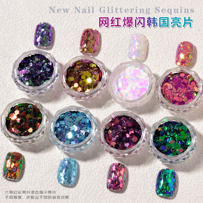 网红爆闪韩国大亮片美甲进口蓝色变色龙彩色闪粉指甲油贴片装饰品