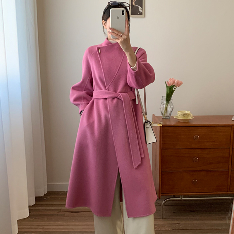 双面毛呢大衣女长款系带收腰显瘦立领气质外套温柔风