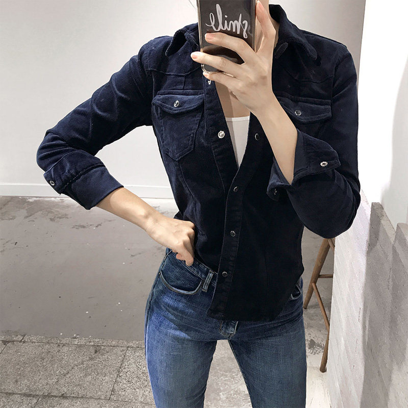 韩版2020东大门春秋薄款盐系衬衫修身灯芯绒外套女设计感小众上衣