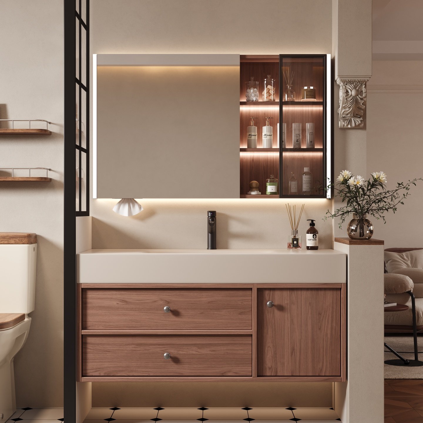 2026中古风胡桃木浴室柜岩板热弯一体盆卫生间洗漱台洗脸盆组合,家装主材,浴室柜组合,淘宝优惠券,粉丝福利购,淘宝优惠卷