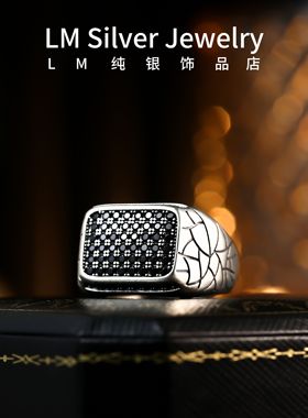 S925纯银戒指黑锆石男款指环开口可调节霸气方形纯银男士复古潮流