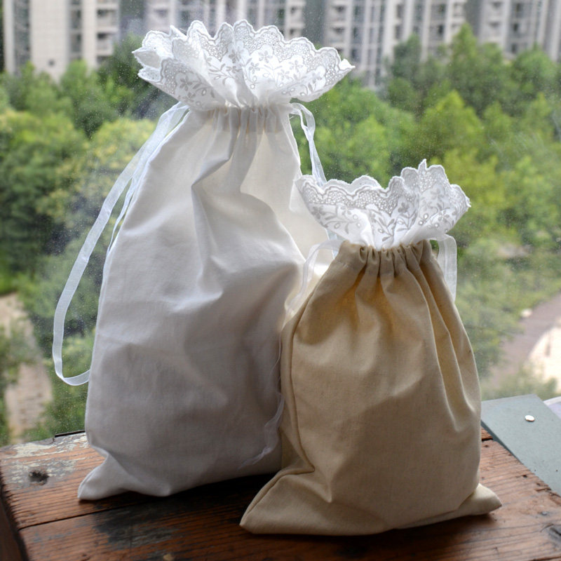 蕾丝ins花边米白色麻色棉麻收纳杂物整理袋束口袋子布艺装饰抽绳