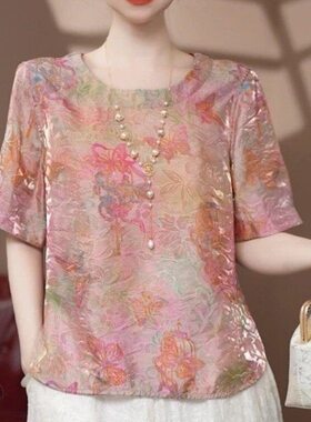 9612新中式印花短袖上衣女夏季新宽松显瘦遮肚减龄气质妈妈装小衫