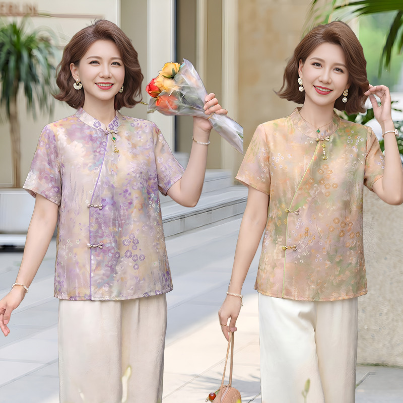 妈妈夏装新中式立领短袖开衫