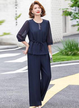 9358新款妈妈夏装端庄大气雪纺套装洋气中老年女装短袖上衣两件套
