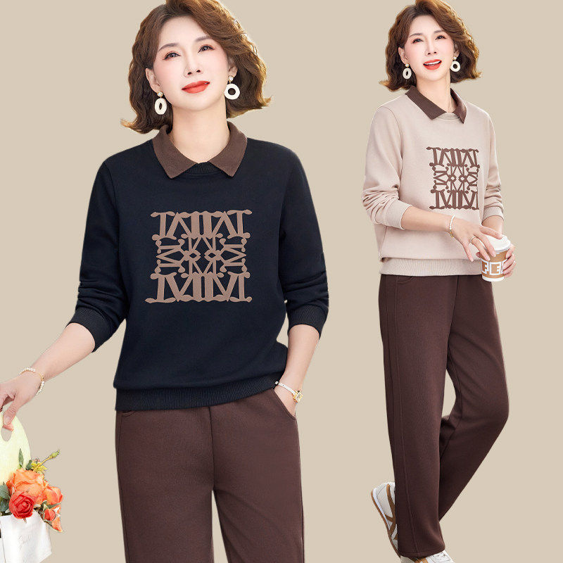 9103妈妈装春装翻领卫衣运动套装中老年人女春秋季薄款松领运动服