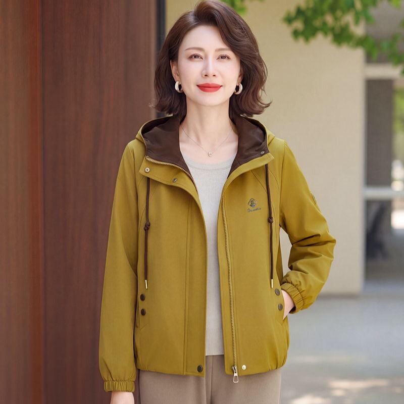 秋季妈妈装拼色连帽宽松减龄外套