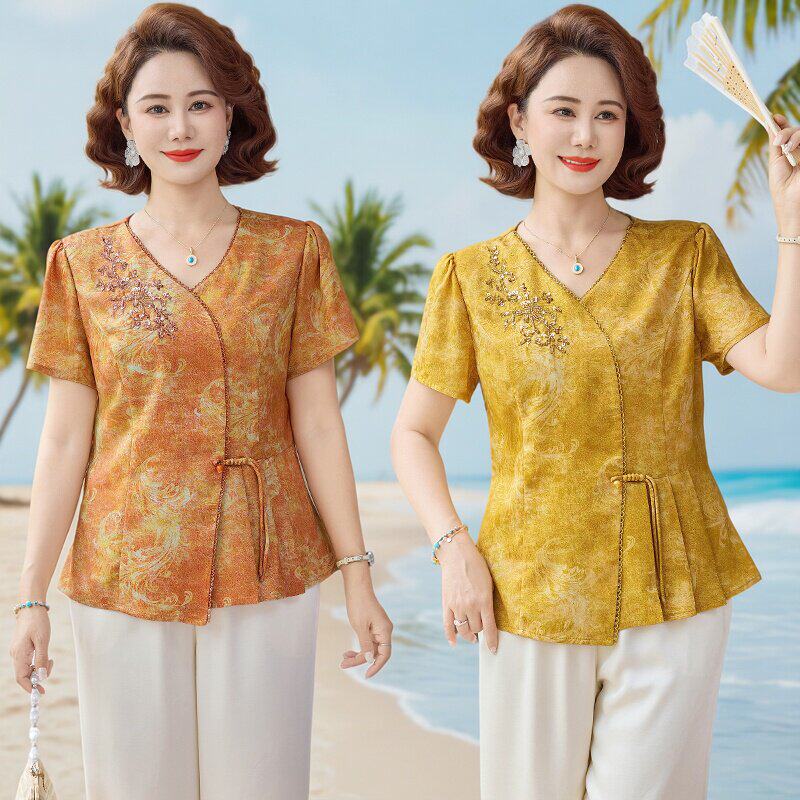 夏季新中式V领刺绣妈妈T恤