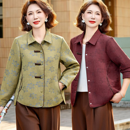 9687新款妈妈秋装翻领外套新中式上衣中老年女春秋夹克小个子衬衫