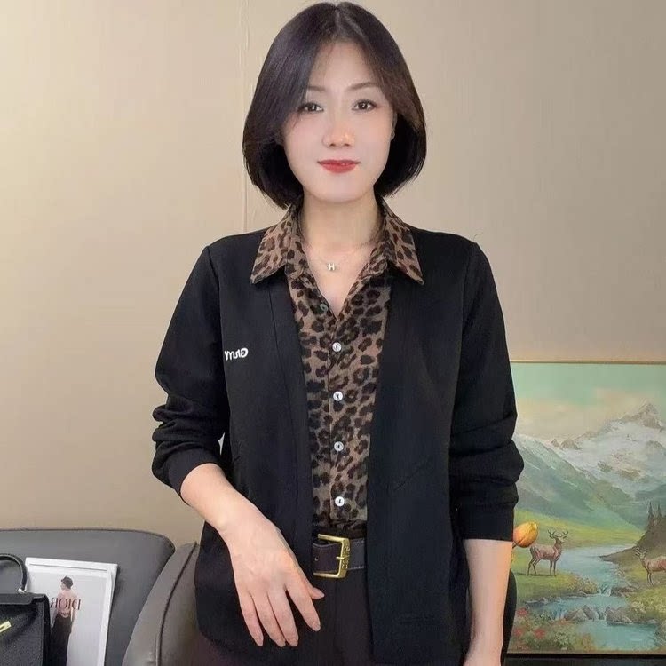 秋季妈妈装豹纹假两件长袖衬衫