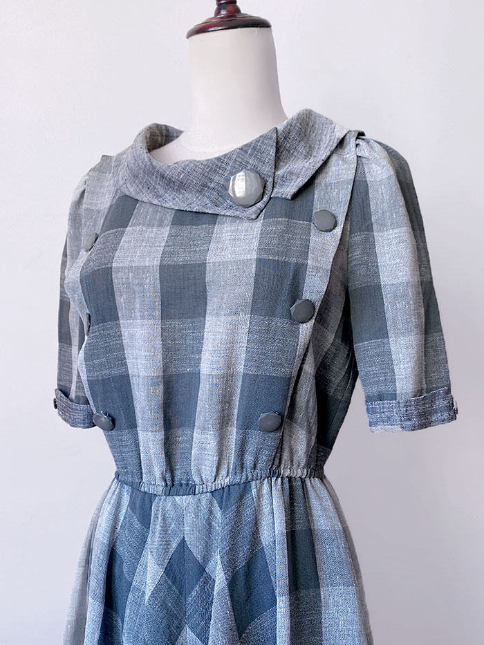 日本制法式大摆连衣裙灰白格子