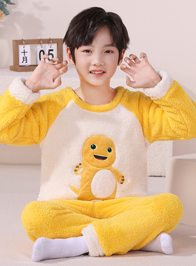 2025新款卡通奶龙儿童睡衣男童冬季加厚保暖珊瑚绒可爱家居服套装
