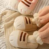 居家室内防滑保暖棉拖鞋 可爱猫爪加厚毛绒亲子包跟棉鞋 情侣冬季