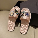 轻奢复古刺绣钉珠水钻花朵缎面一字拖女居家室内防滑夏季 凉拖鞋