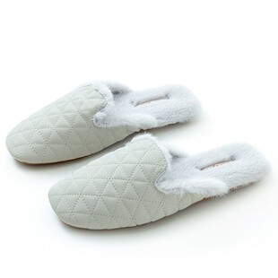 高级感纯色格纹PU加绒情侣棉拖鞋冬季居家室内防滑保暖家用皮拖鞋