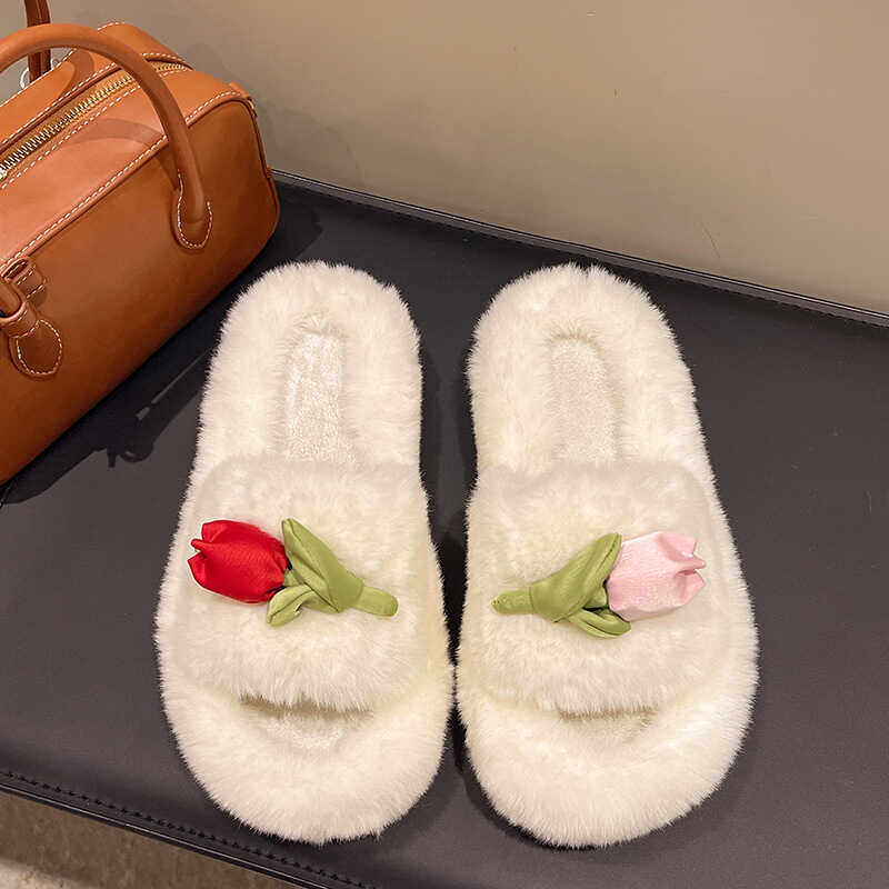 秋冬ins温婉风郁金香花朵一字毛毛拖女室内居家防滑厚底家用拖鞋