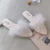 春秋香风尖头鹤毛缎面家居拖鞋 女 蝴蝶结结婚伴手礼喜庆气质家用鞋