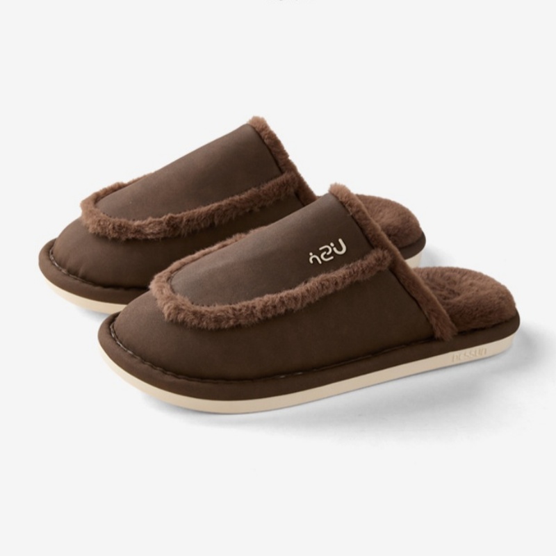 秋冬简约毛绒拼接男士家居棉拖鞋居家室内防滑软底保暖家用棉拖鞋