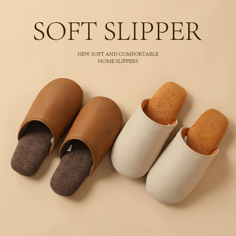 简约PU皮毛巾绒情侣家居软底拖鞋