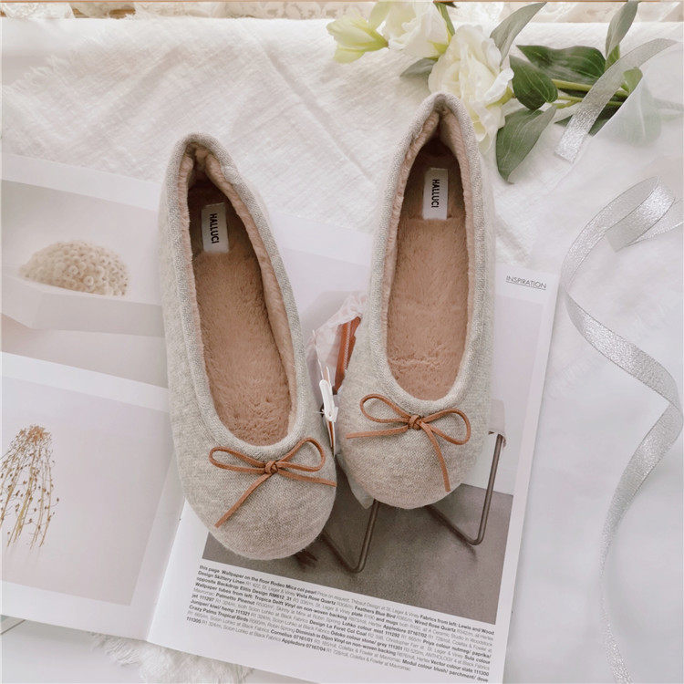 秋冬可爱蝴蝶结加绒保暖包跟棉鞋月子鞋女居家软底木地板家用鞋