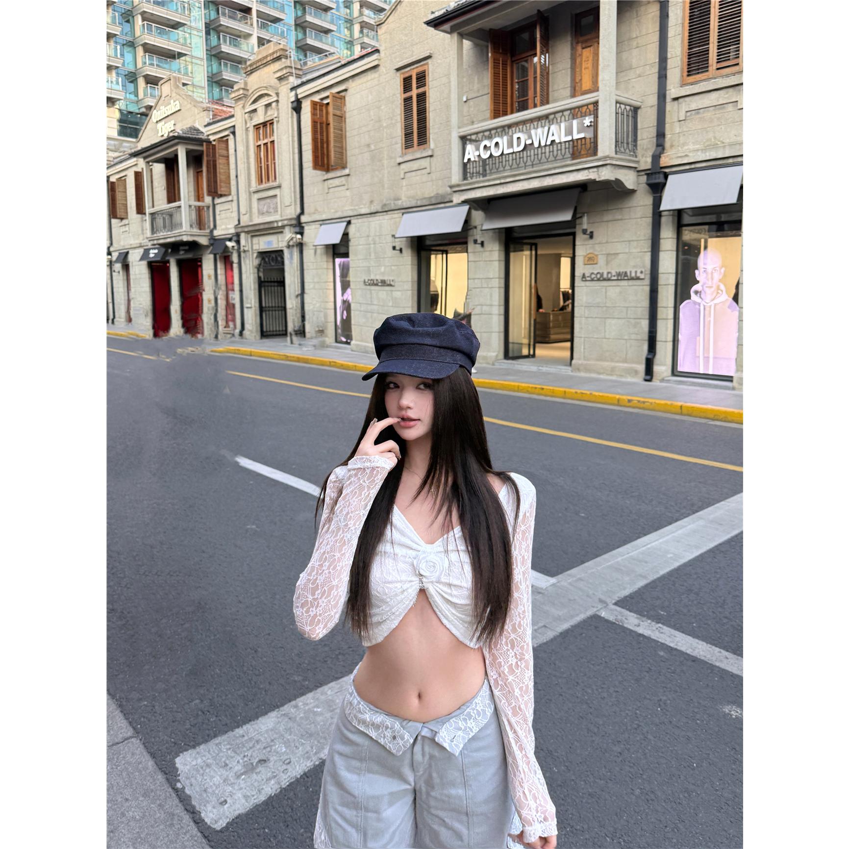 草莓少女！美式辣妹套装蕾丝v领长袖上衣女潮流拼接休闲裤两件套