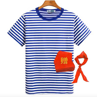 定制海魂衫圆领短袖T恤男女同款蓝白条纹活动演出服工作服烧烤服