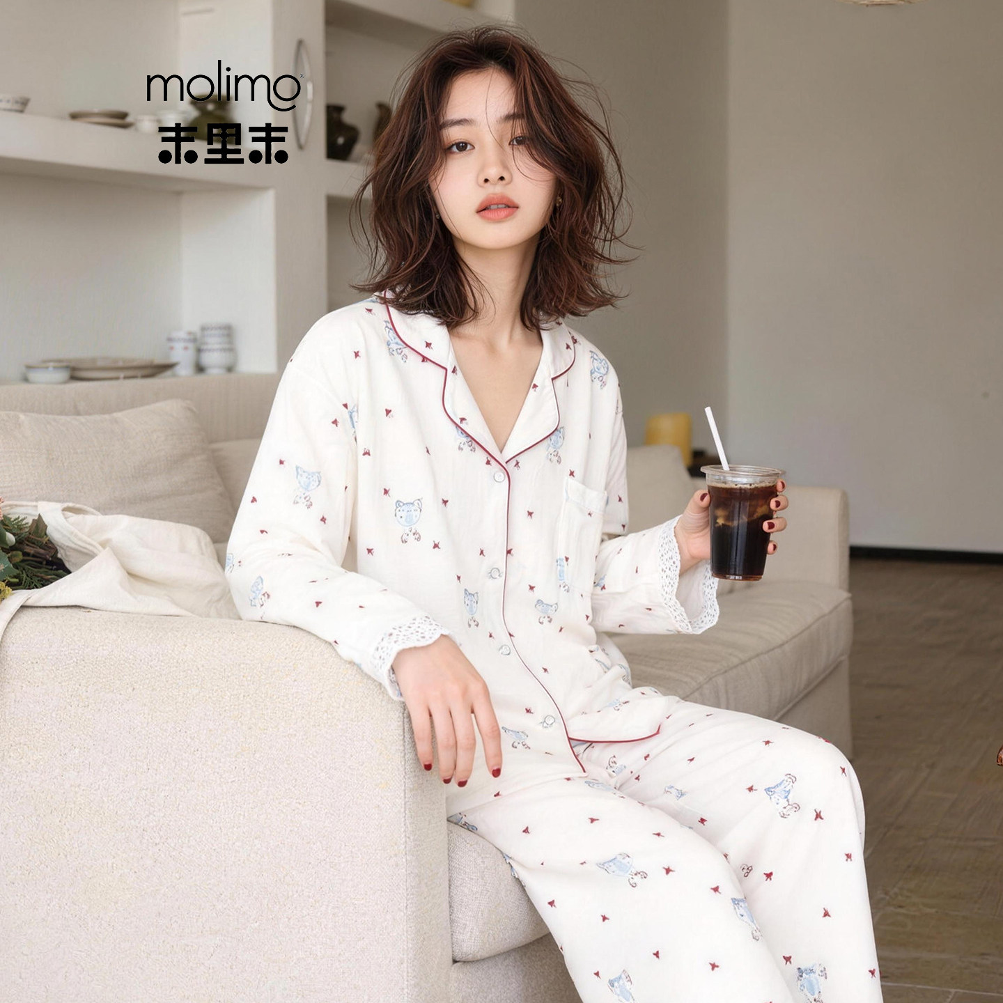 女士春秋纯棉奶白色卡通长袖长裤