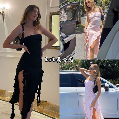 现货Lioness 度假风荷叶边流苏侧开叉抹胸连衣裙海带裙修身包臀裙