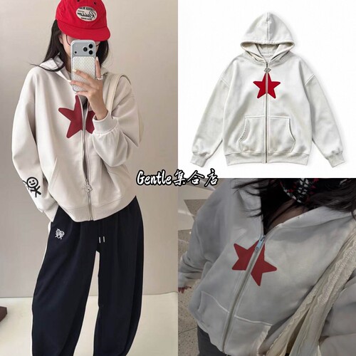 在途 urban 宅女同款火柴人休闲水洗做旧红星印花连帽卫衣外套