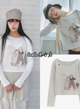 在途现货hugyourskin 联名JUBA插画圆领纽扣卡通印花长袖t恤上衣