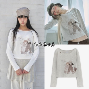在途现货hugyourskin 联名JUBA插画圆领纽扣卡通印花长袖t恤上衣