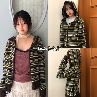 现货 coyseio 25新款复古拼色条纹拉链修身连帽针织卫衣外套上衣