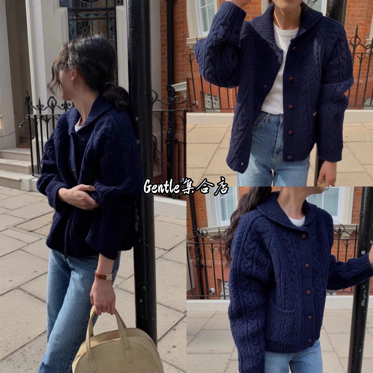 现货 overtake 25秋冬新款 复古麻花宽松翻领针织开衫毛衣女