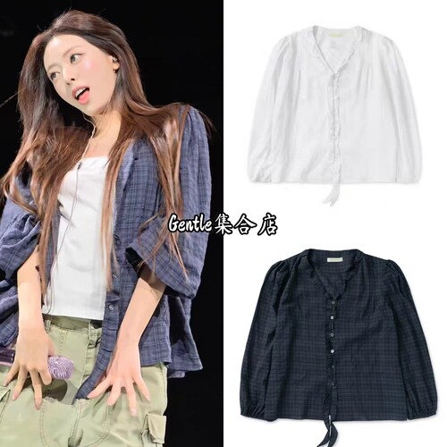 在途 withoutsummer 申有娜同款 复古格纹荷叶边垂感长袖衬衫