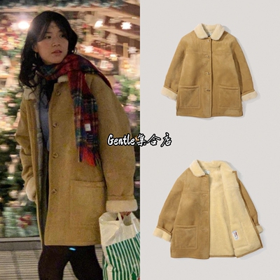 现货 modestmood 25新款皮毛一体单排扣麂皮羊羔毛机车大衣外套