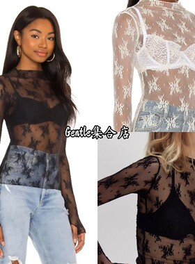 现货 Free People 26新款蕾丝透视网纱半高领长袖T恤打底衫上衣