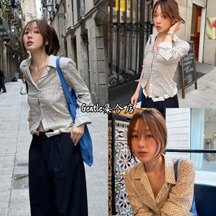 现货 fletta 26新款修身碎花衬衫女长袖翻领少女感舒适休闲上衣