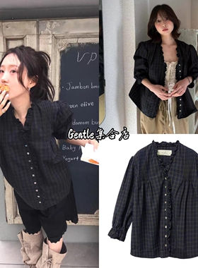 现货 viaplain 26新款复古格子衬衣荷叶边褶皱百搭显瘦衬衫