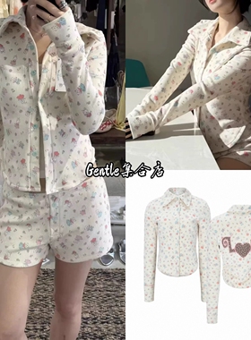 现货 minjiena 26早春款 卡通爱心动物印花翻领长袖衬衫上衣女