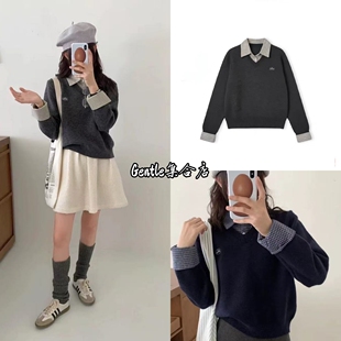 现货 The barnnet 25八奶学院风叠穿假两件格子衬衫针织衫毛衣