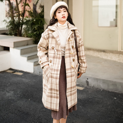 毛呢外套女冬学生森系2018流行外套中长款格子加厚牛角扣呢子大衣