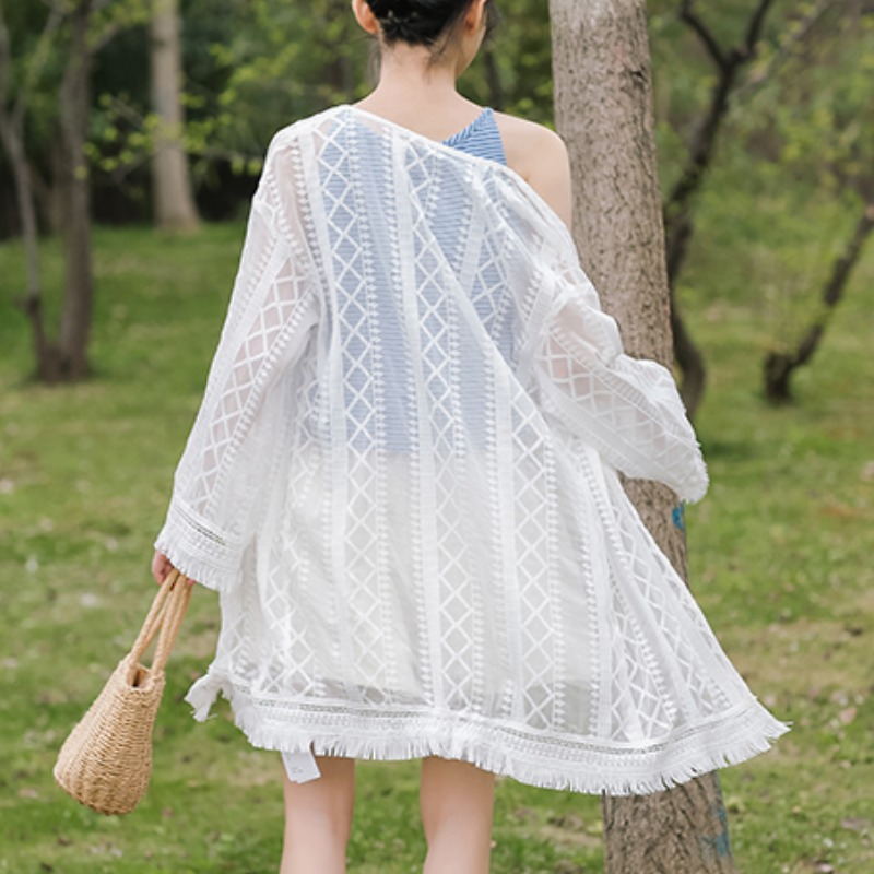 海边度假小清新甜美超仙气蕾丝防晒衫女夏薄款宽松流苏中长款开衫