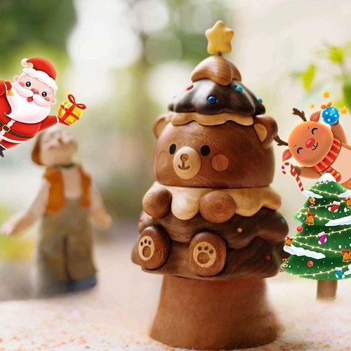 圣诞树小熊实木可爱治愈桌面摆件八音盒车载圣诞节送朋友闺蜜礼物
