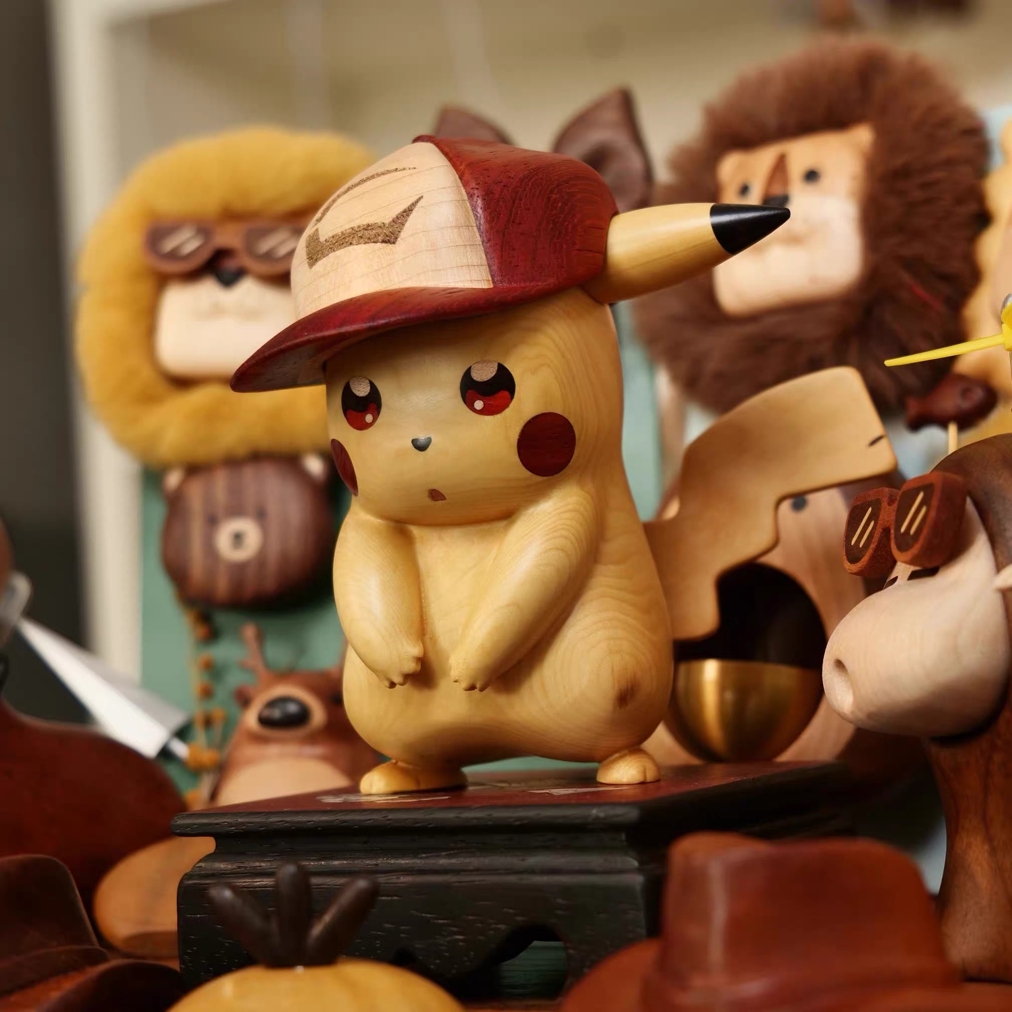 爆款黄杨木皮卡丘宝可梦桌面装饰品手办可爱卡通摆件朋友节日礼物